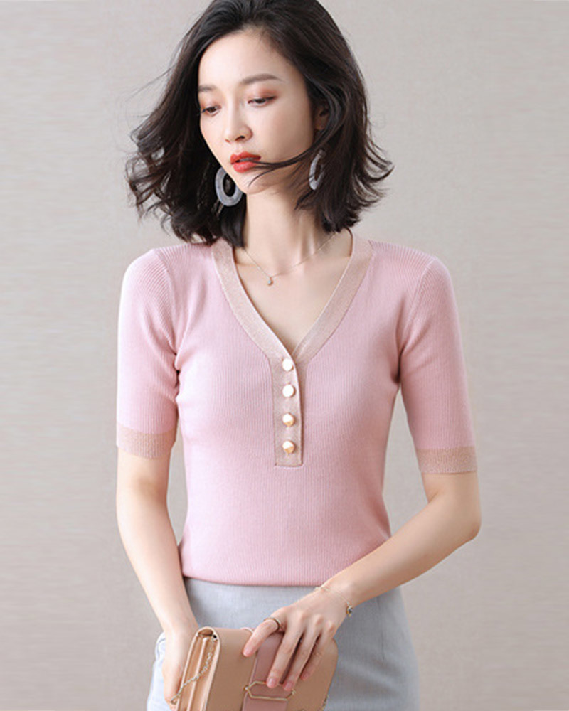 排釦V領金絲針織上衣 三色