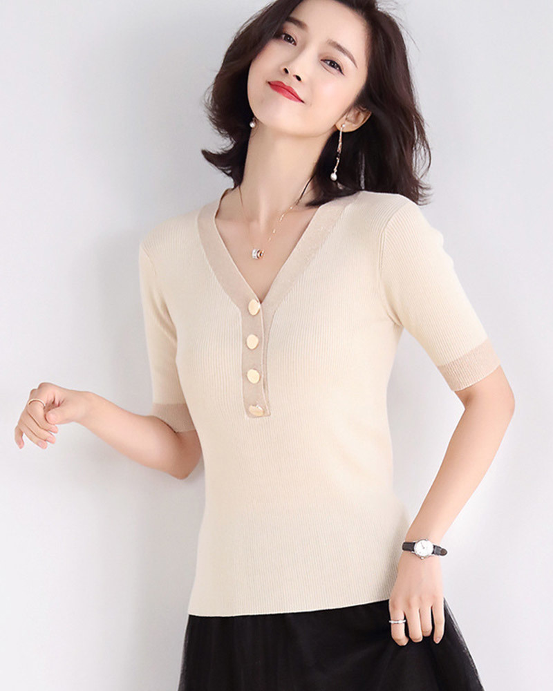 排釦V領金絲針織上衣 三色