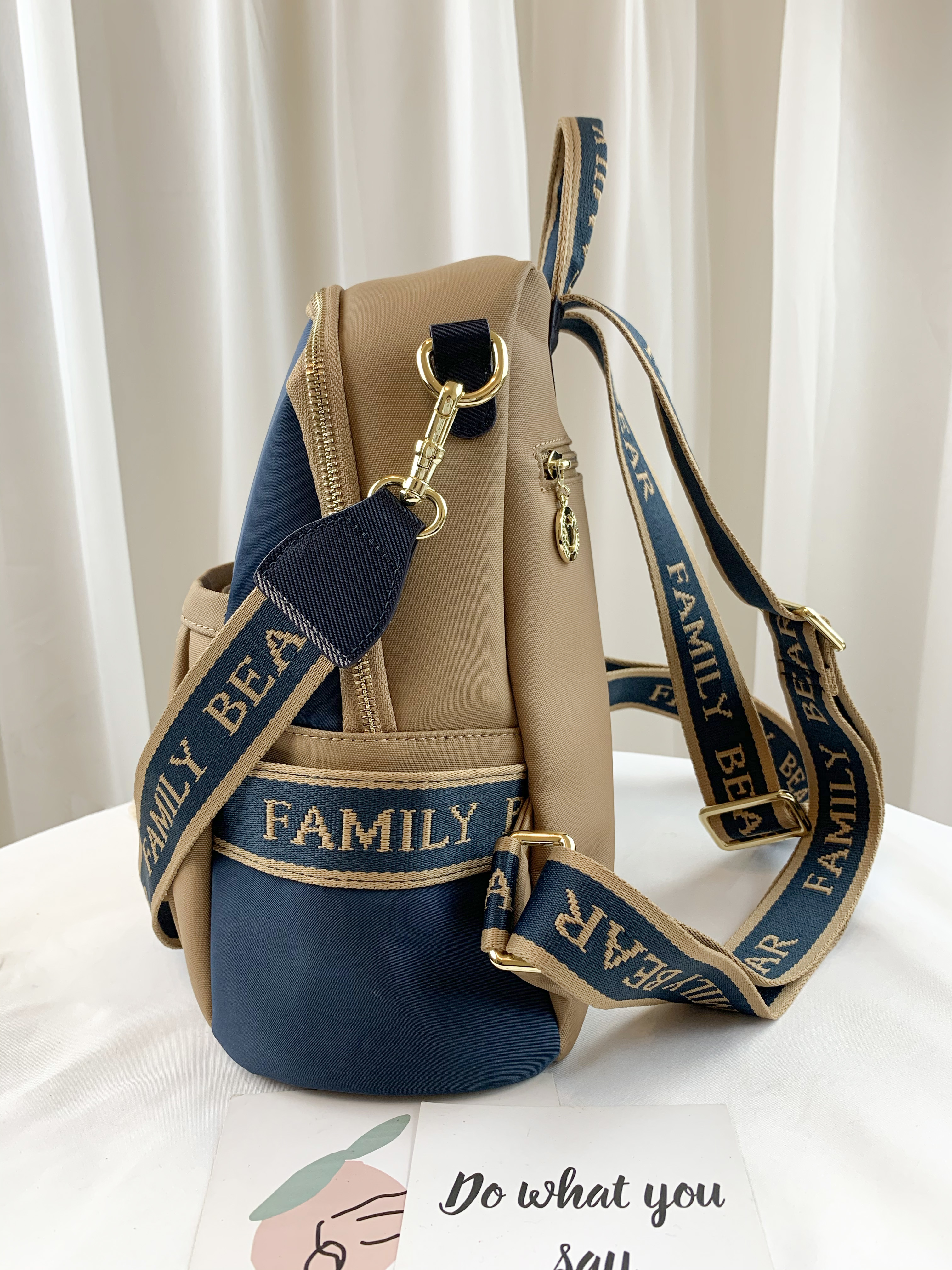 FamilyBear 卡其拼接土耳其藍 防潑水後背包 / 側背包 附小熊吊飾 #2649