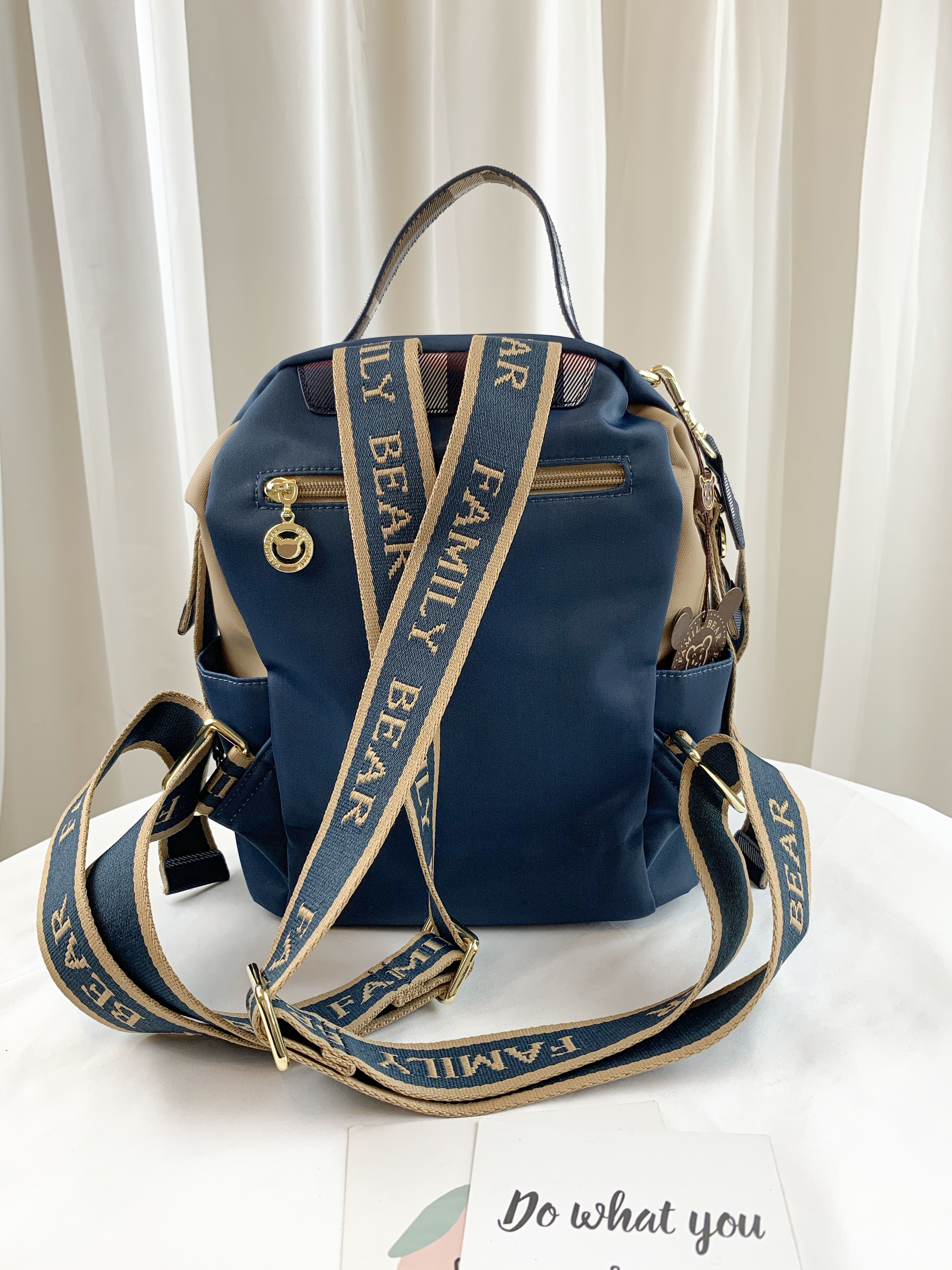 FamilyBear 卡其拼接土耳其藍 防潑水後背包 / 側背包 附小熊吊飾  #2707