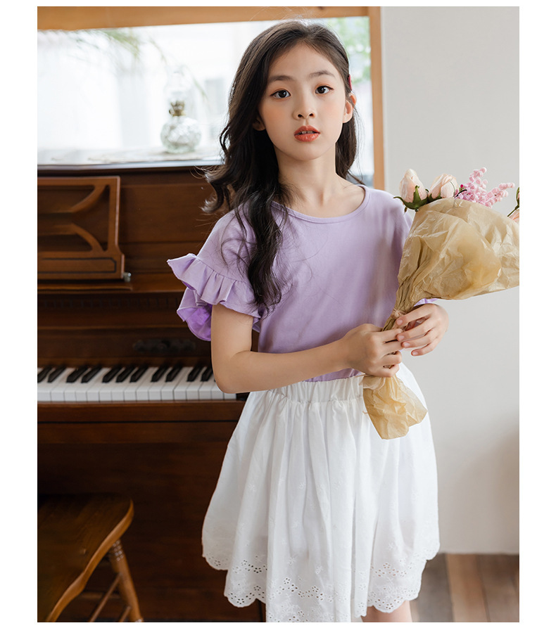 <兩件組> 荷葉袖上衣+蕾絲及膝裙(內裡安全褲)