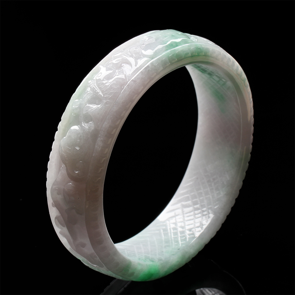 【雅紅珠寶】天然春帶彩翡翠手鐲-寬版#18-龍-如意-魚-荷葉-蓮蓬-伏龍鳳雛-B0166