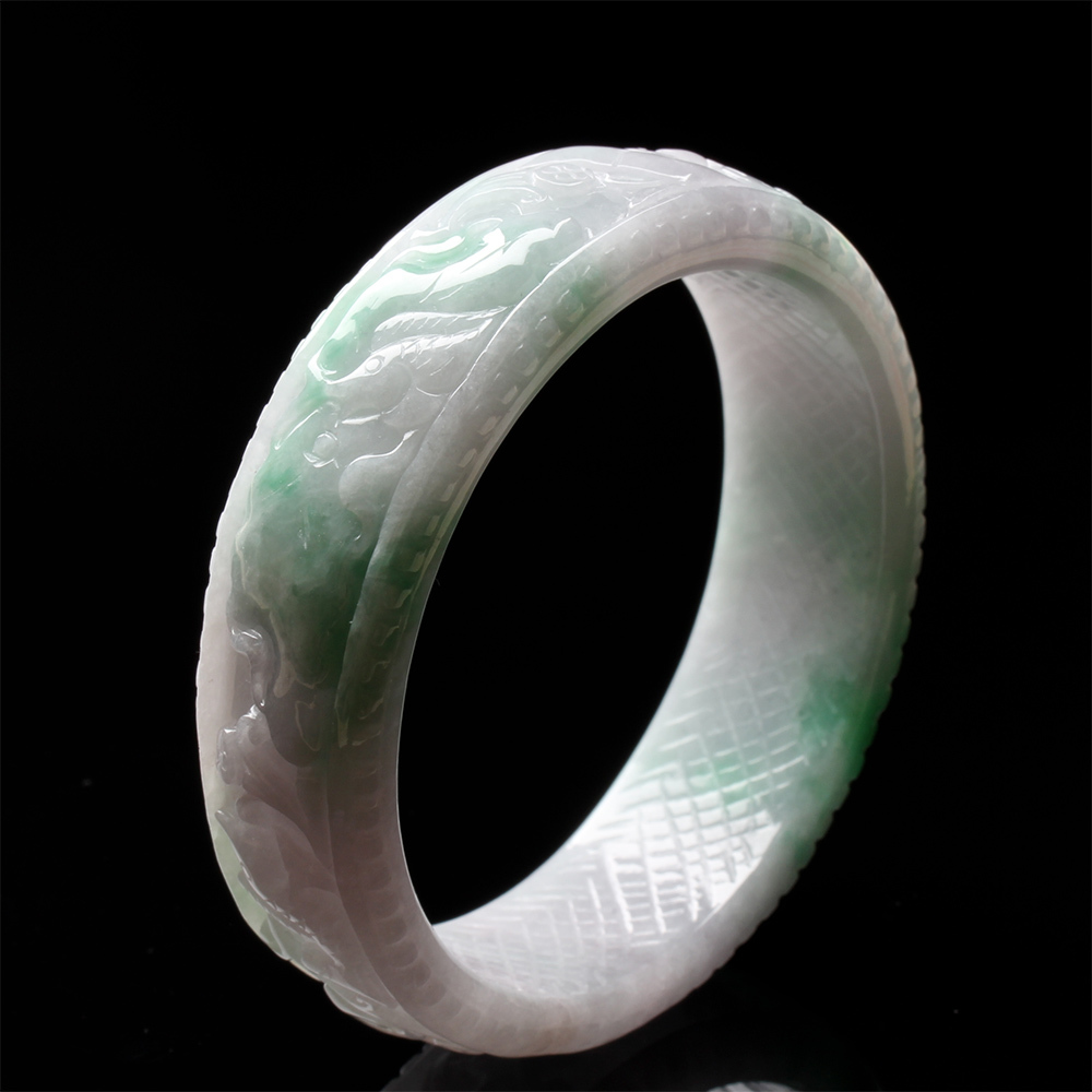 【雅紅珠寶】天然春帶彩翡翠手鐲-寬版#18-龍-如意-魚-荷葉-蓮蓬-伏龍鳳雛-B0166