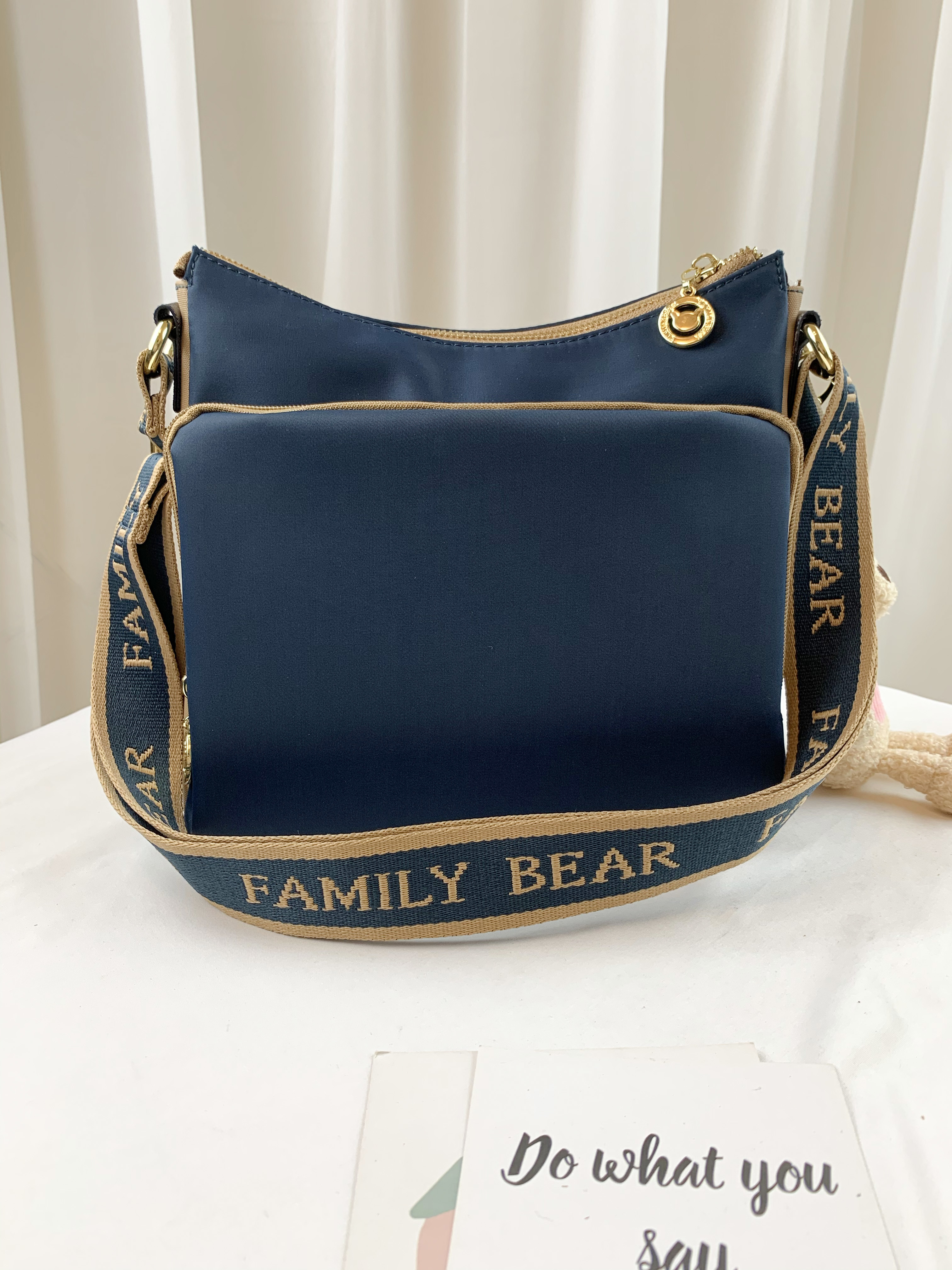 FamilyBear 卡其拼接土耳其藍 防潑水側背包 #2671