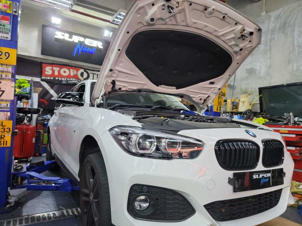 白色 bmw 120i m sport package fo tan juns car and audio 火炭 super nano service package 換油套餐