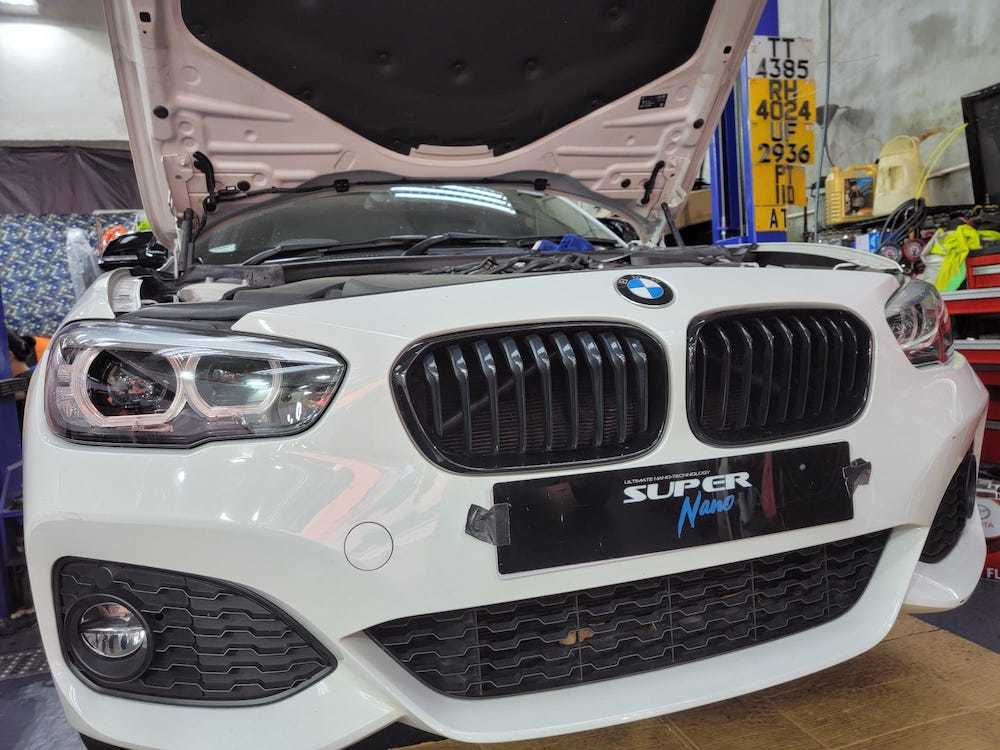 白色 bmw 120i m sport package fo tan juns car and audio 火炭 super nano service package 換油套餐
