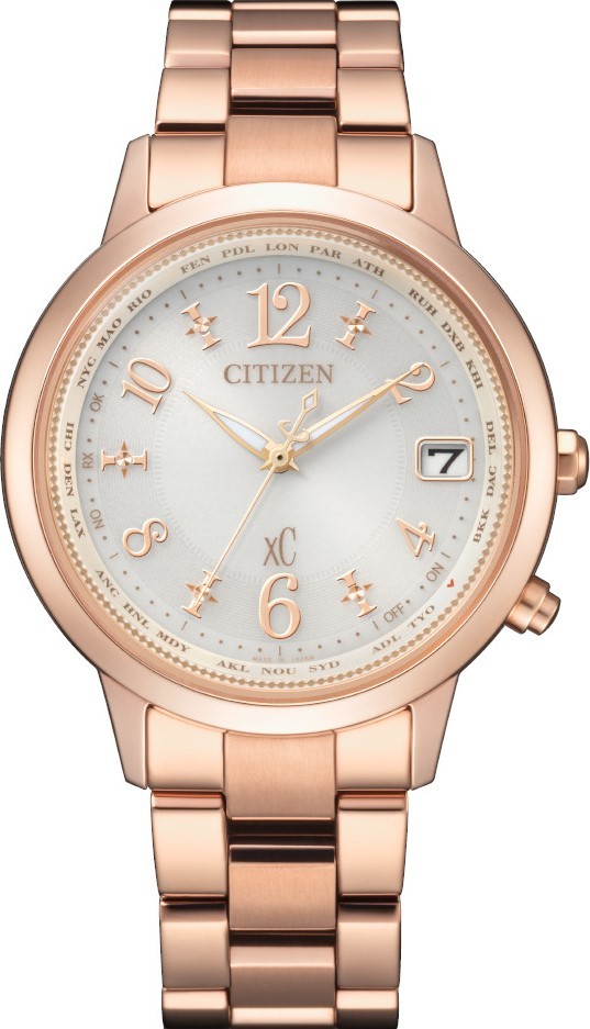 萬年鐘錶 - Citizen 星辰錶  XC   玫瑰金世界時間鈦金屬光動能電波女錶  CB1107-58A   錶徑36MM