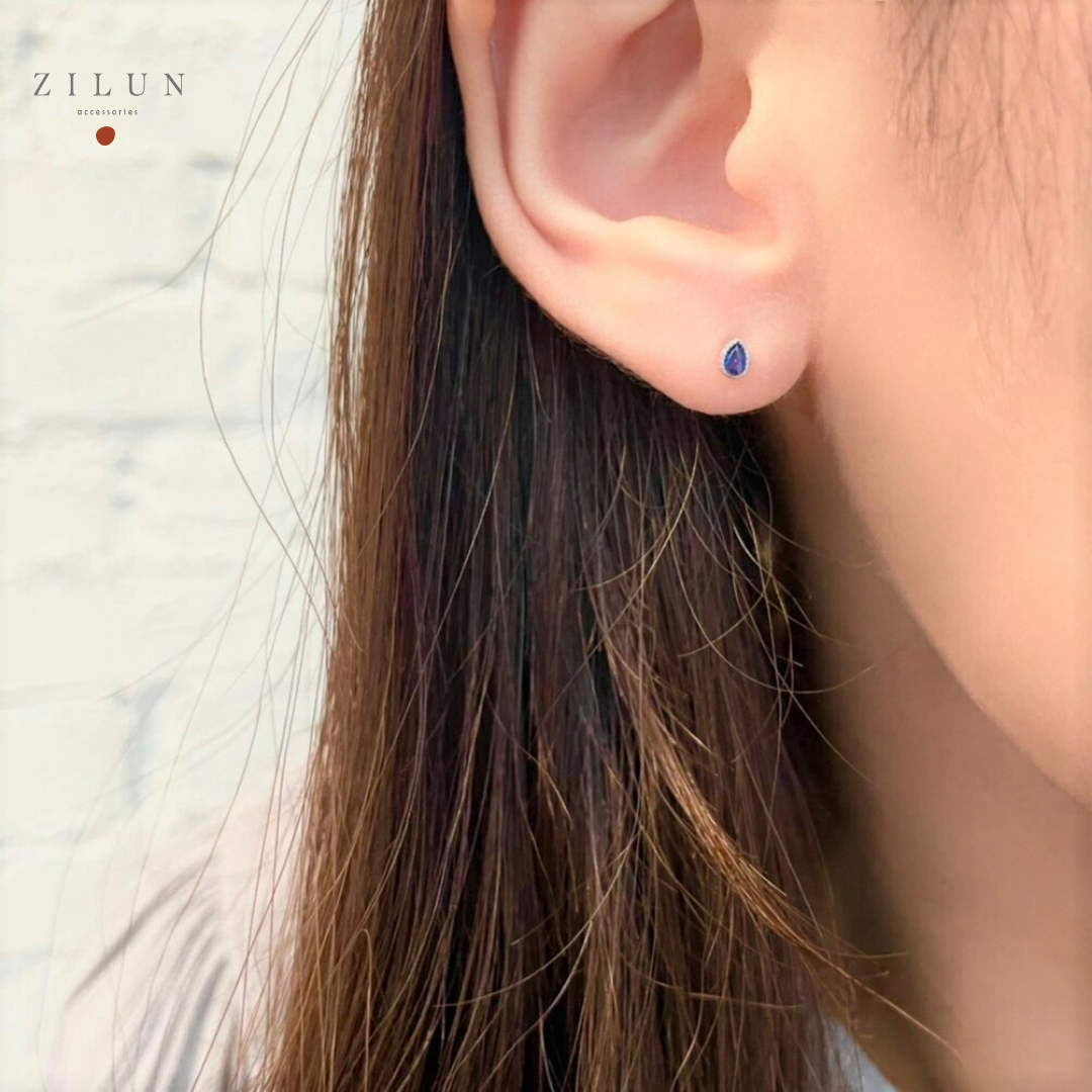 │清新│迷你雨滴 • 藍鋯石 • 925silver • 純銀耳針