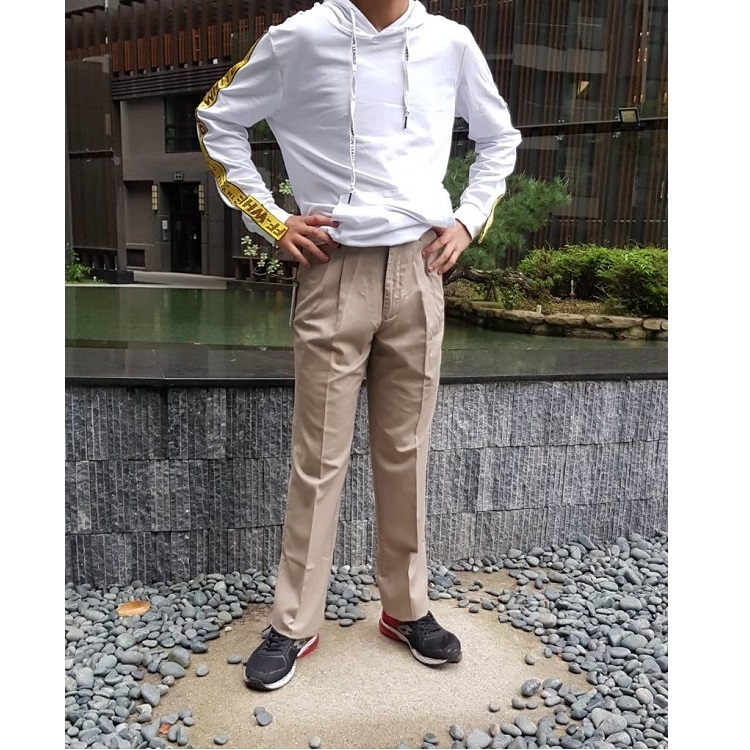 棉質-立體細格紋 打摺高腰直筒休閒褲 28~43吋 免費修改褲長