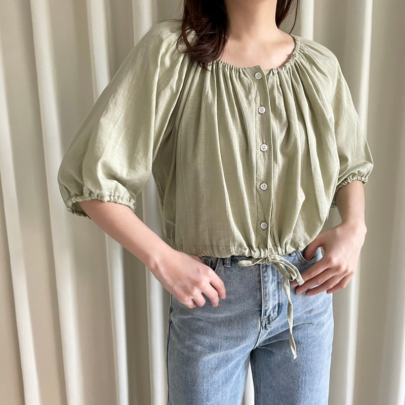 5W09 棉麻排釦抽繩上衣 綠色