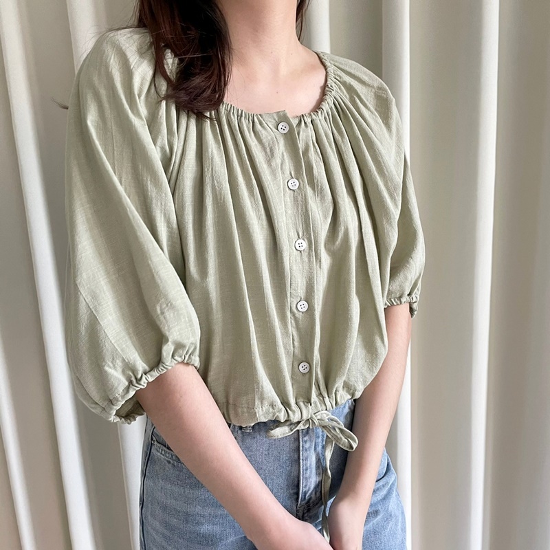 5W09 棉麻排釦抽繩上衣 綠色