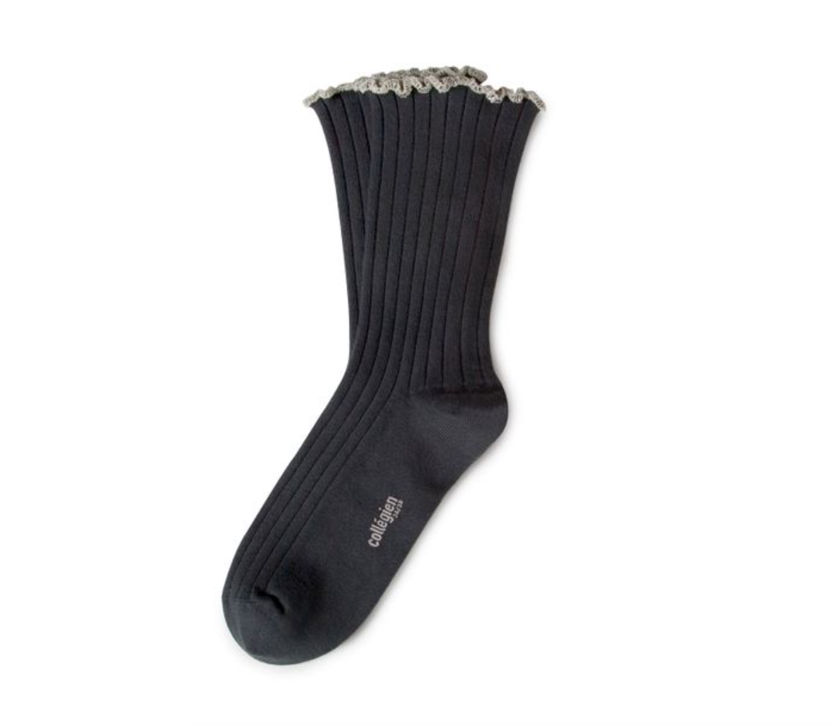 COLLÉGIEN - Delphine Lettuce Trim Ribbed Socks（Pierre de Volvic）