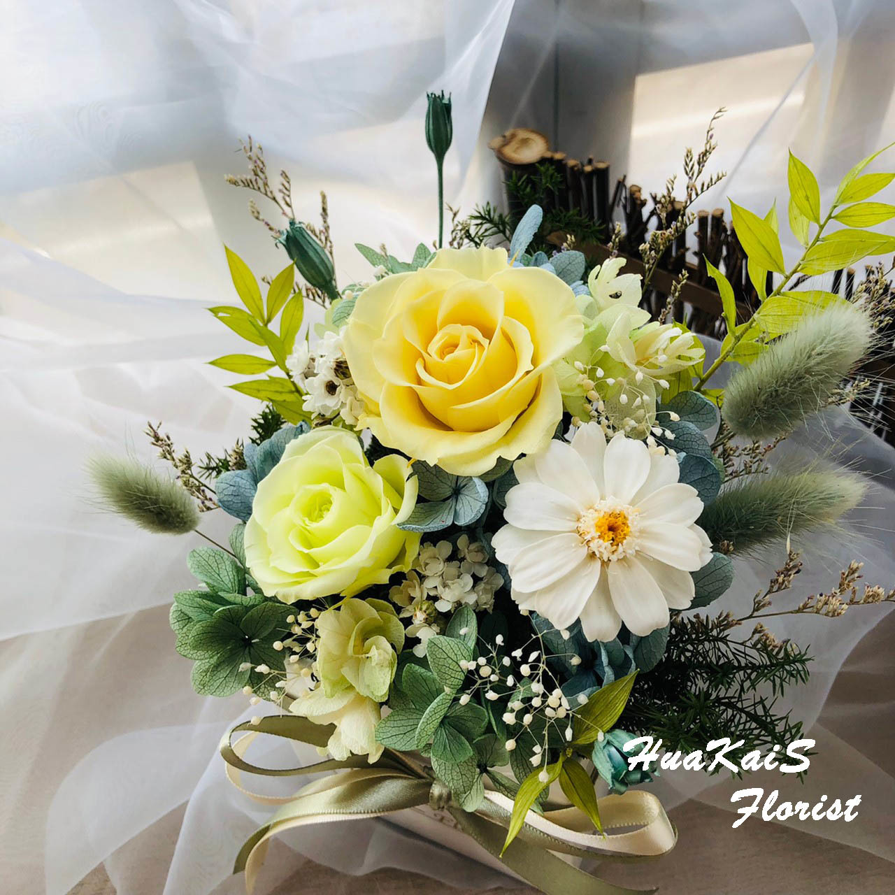 永生花小盆栽|清新黃方盆|開幕盆栽|永生花禮|情人節禮物|母親節禮物