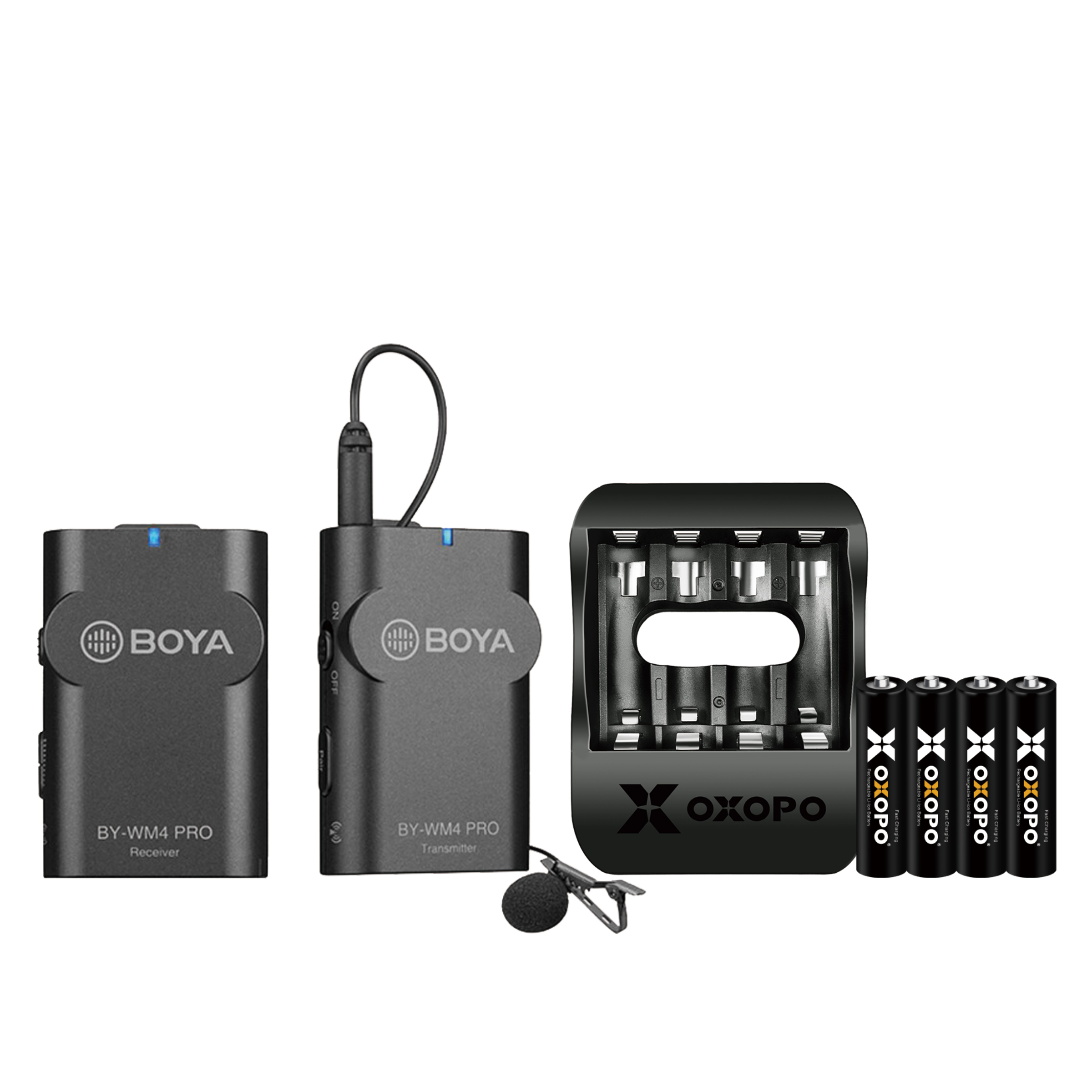 Boya By-WM4 Pro-k1數字雙通道無線麥克風 (接收x1+發射x1) +OXOPO【XS系列】一代 AAA四號快充鋰電池 4入充電組(XS-AAA-4C)