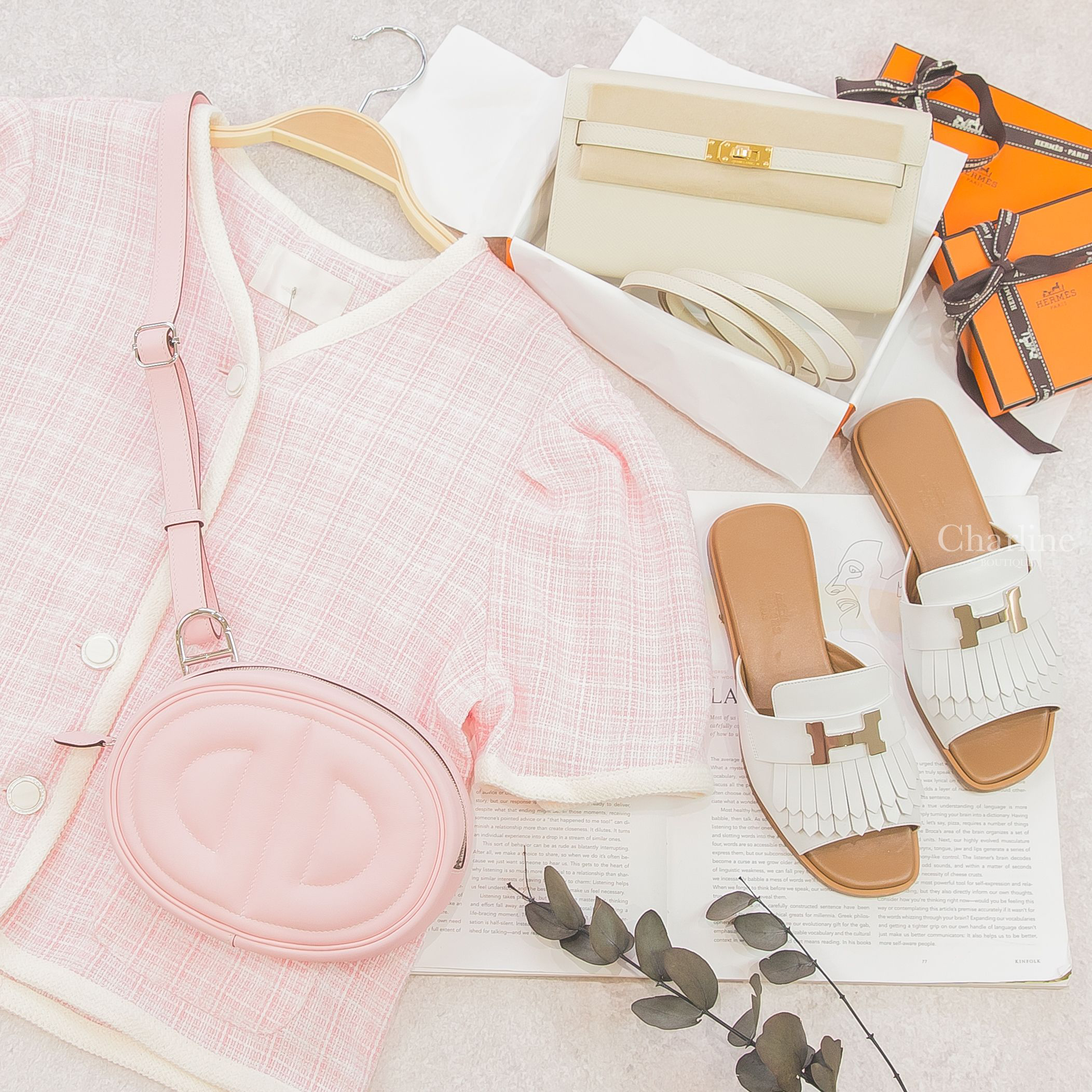 Hermès Kelly To Go 10 Epsom 奶昔白金釦,Hermès In The Loop 3Q Swift 櫻花粉銀釦,Hermès Sandal 白色銀釦H流蘇拖鞋-Charline Boutique 精品代購