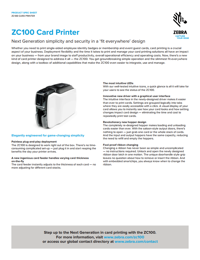 Zebra ZC100 證卡打印機 Zebra ZC100 PVC card printer