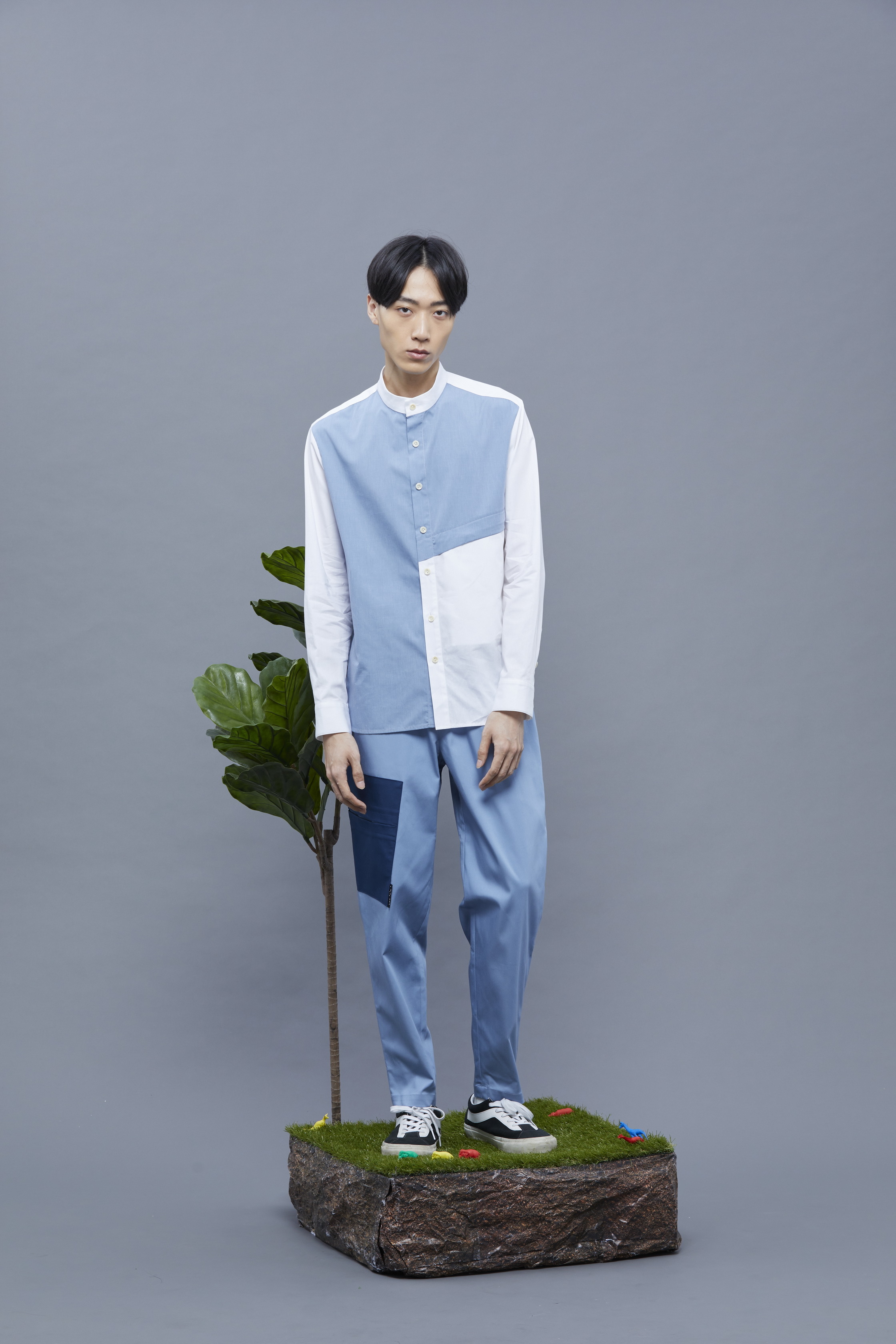 立領拼接長袖襯衫 - 白