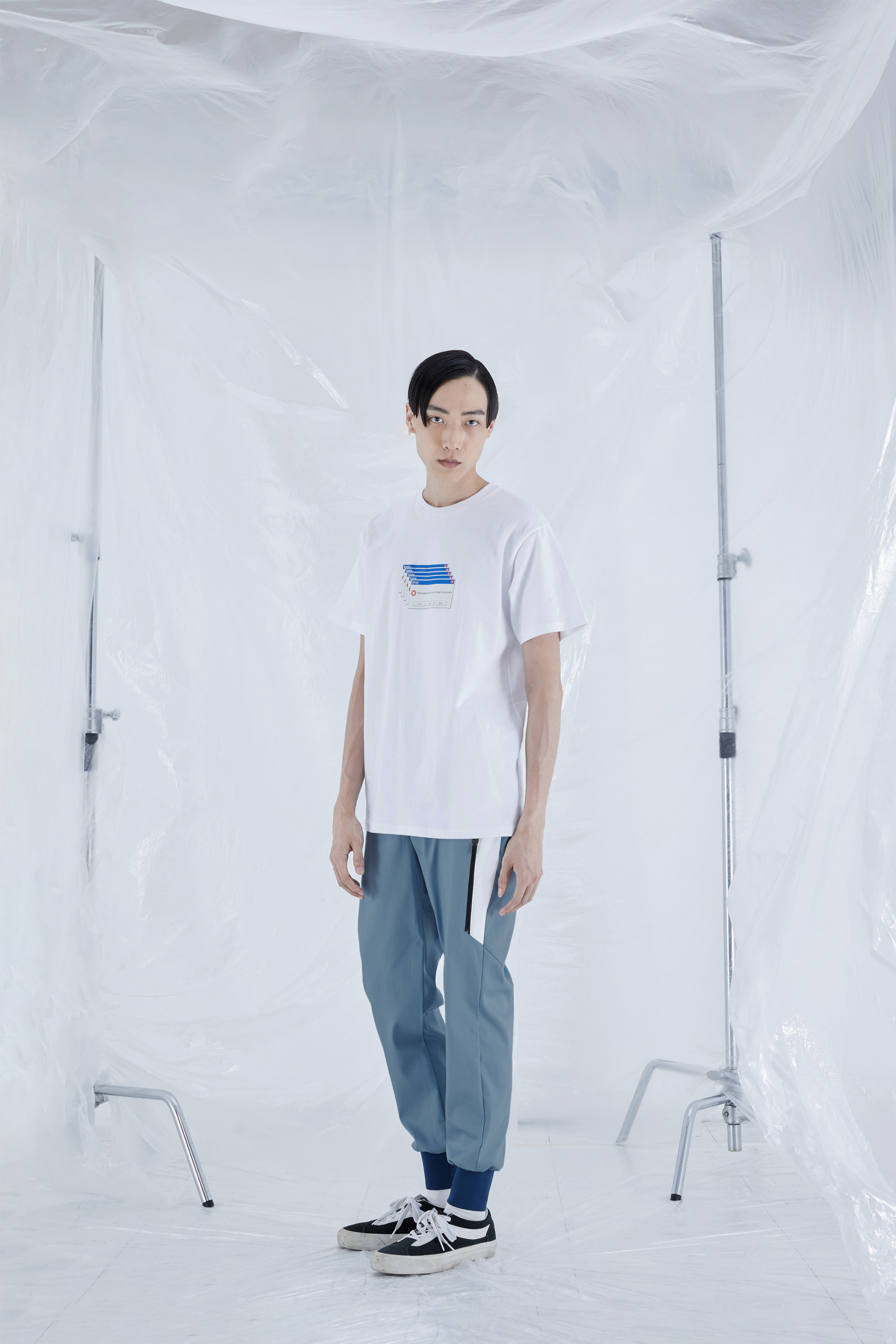 切角剪接束口褲 - 淺藍