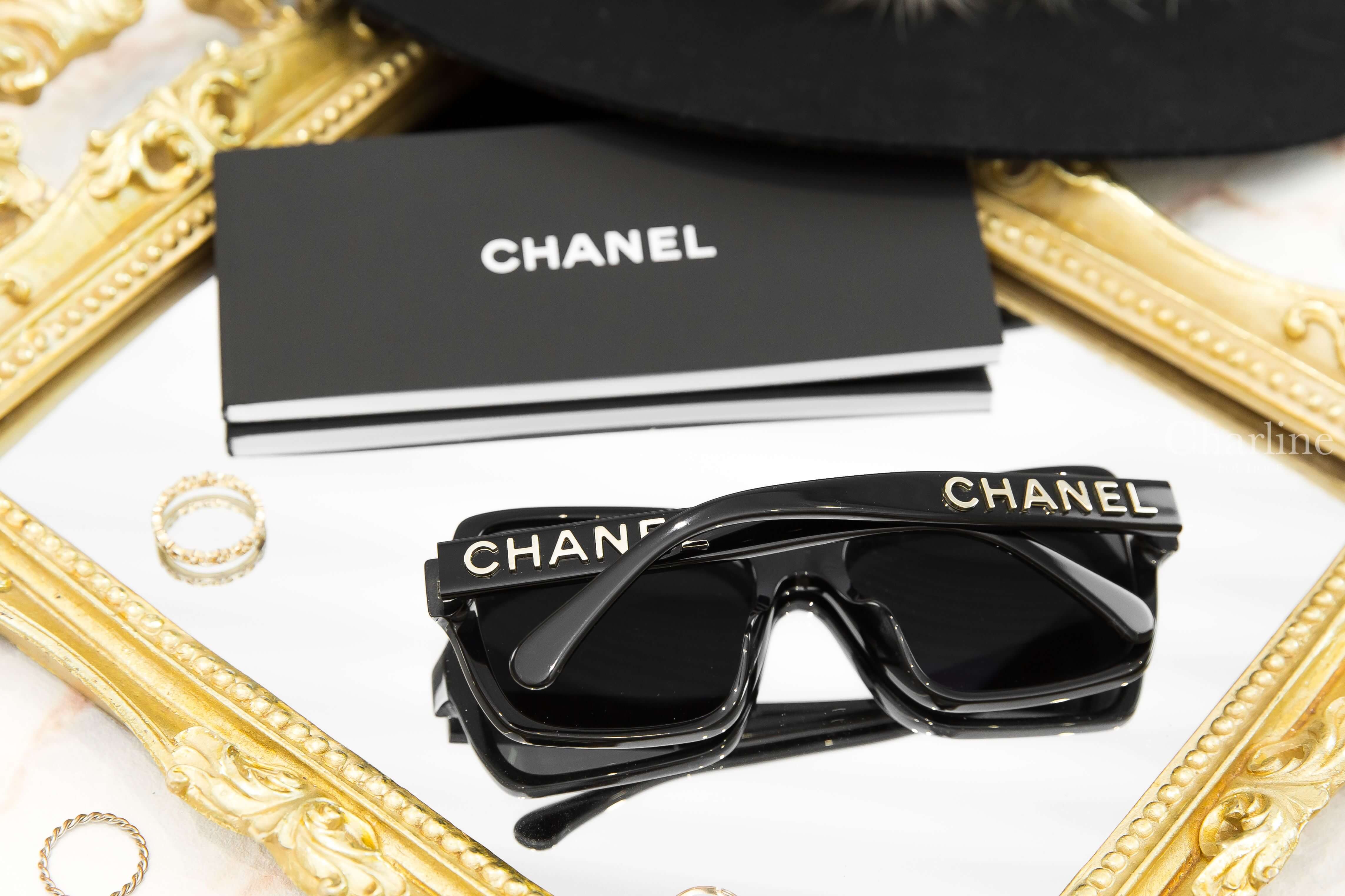 Chanel Square Sunglasses 黑色方框灰色鏡片側邊金色 Logo 太陽眼鏡