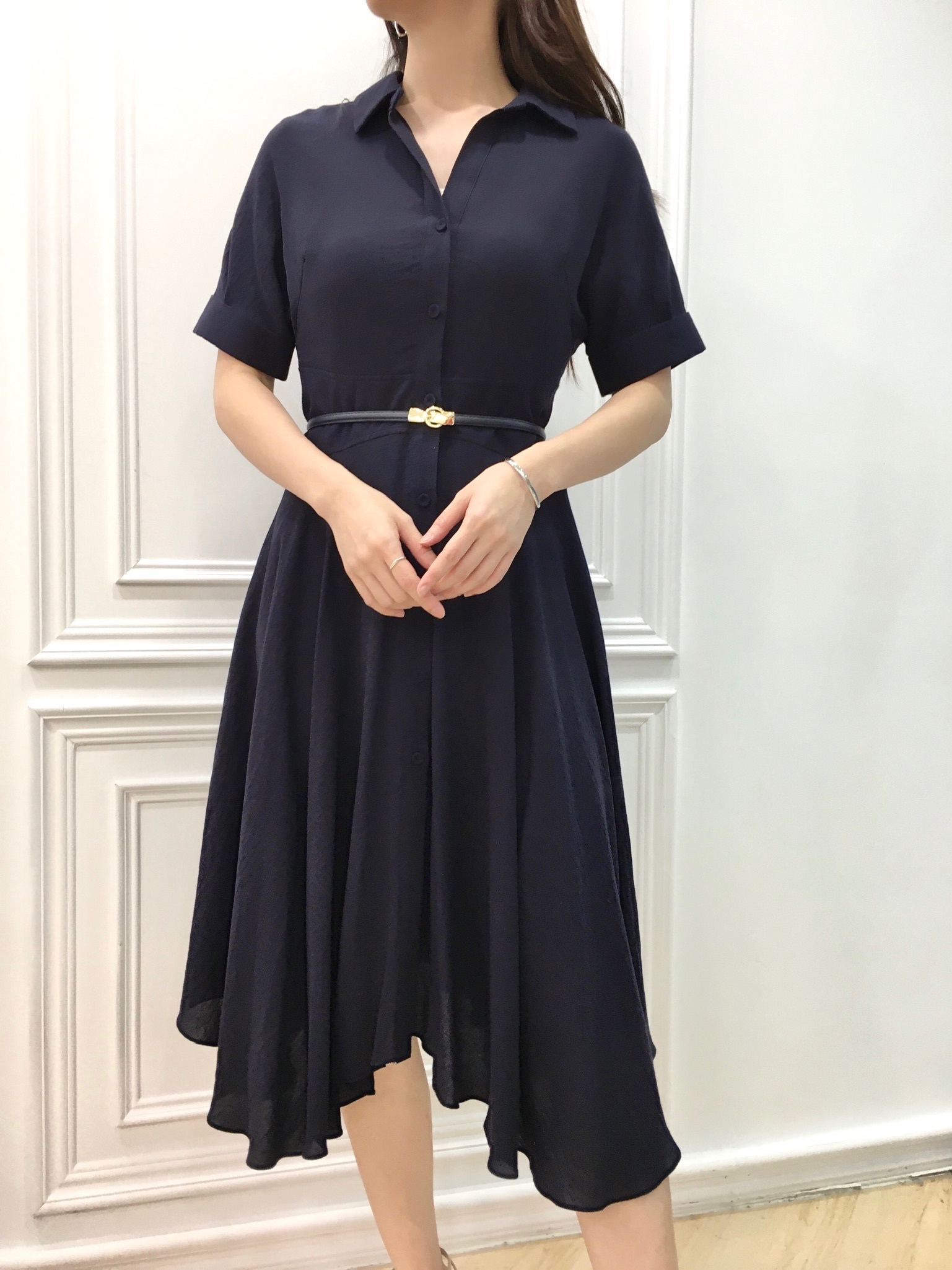 深藍短袖不規則裙擺洋