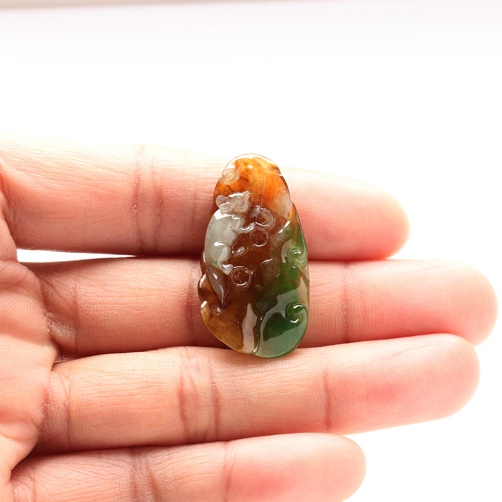 【雅紅珠寶】天然冰種三彩翡翠玉項鍊-錢鼠-如意-葉子-歡歡喜喜-N0116