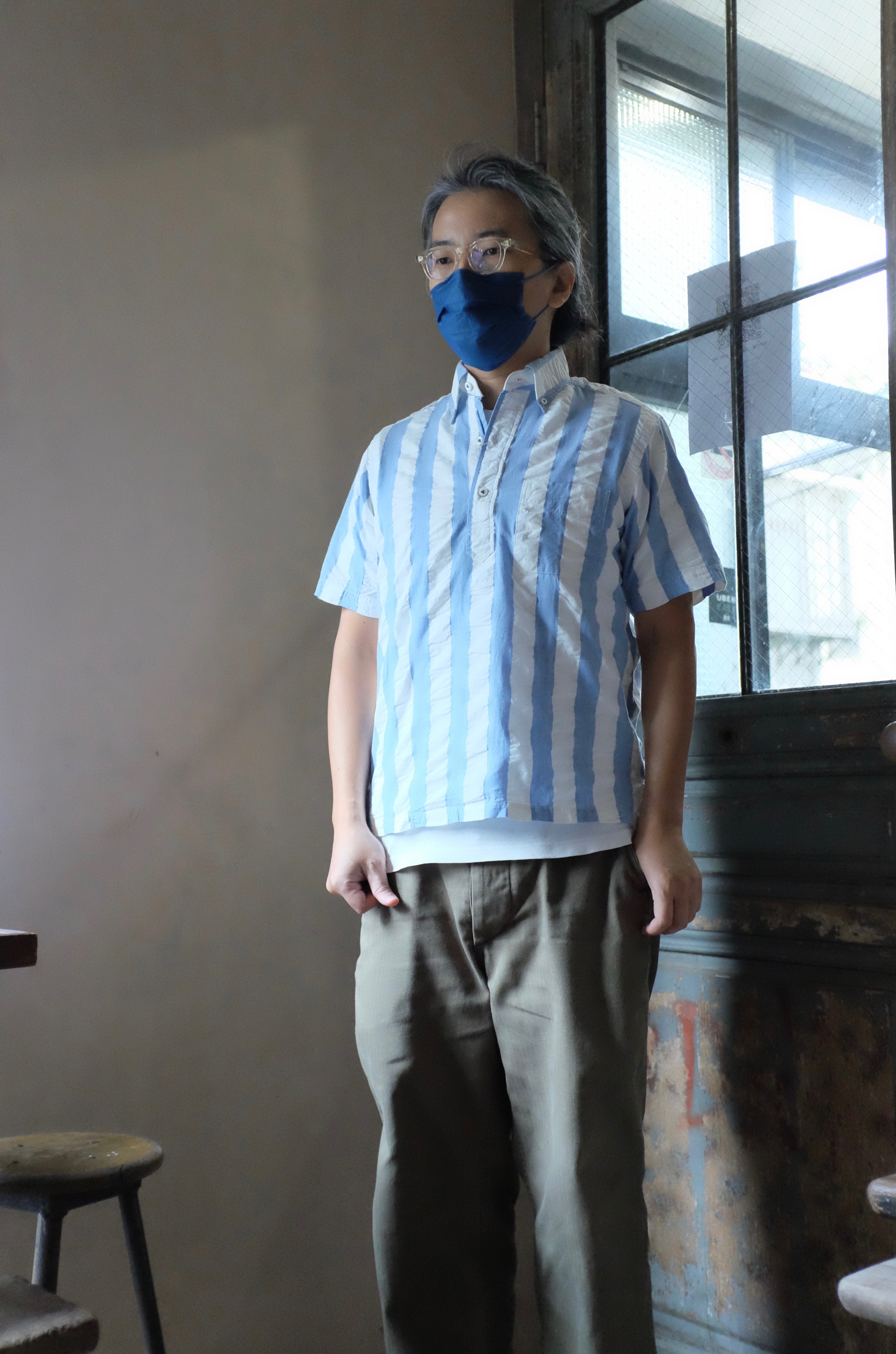 SUGAR CANE SUMMER Straight stripes short / blue x white