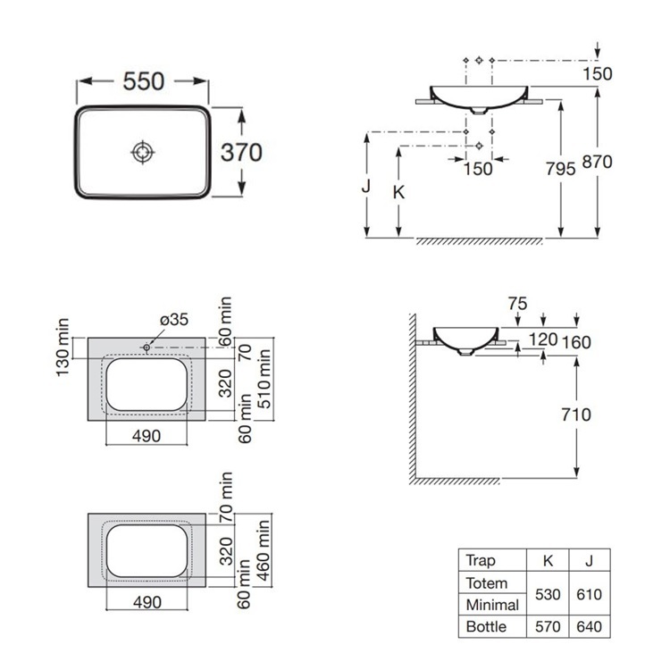 Roca "Inspira" 327534000 In countertop FINECERAMIC® basin with non-closing waste set