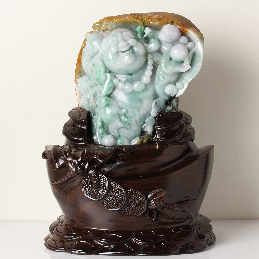 【雅紅珠寶】歡喜彌勒佛天然綠翡翠擺件-彌勒佛,善財童子,如意-O0024