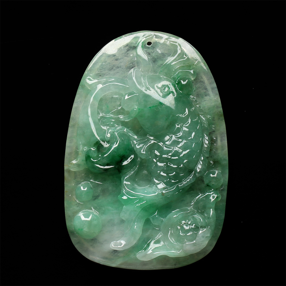 【雅紅珠寶】天然老坑冰種翡翠玉項鍊-魚-蓮花-如魚得水-N0144