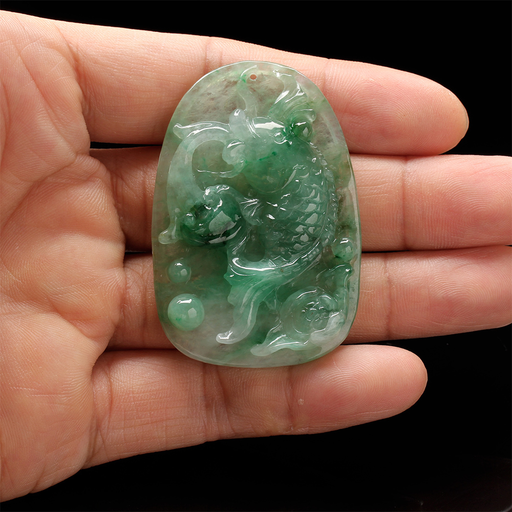 【雅紅珠寶】天然老坑冰種翡翠玉項鍊-魚-蓮花-如魚得水-N0144