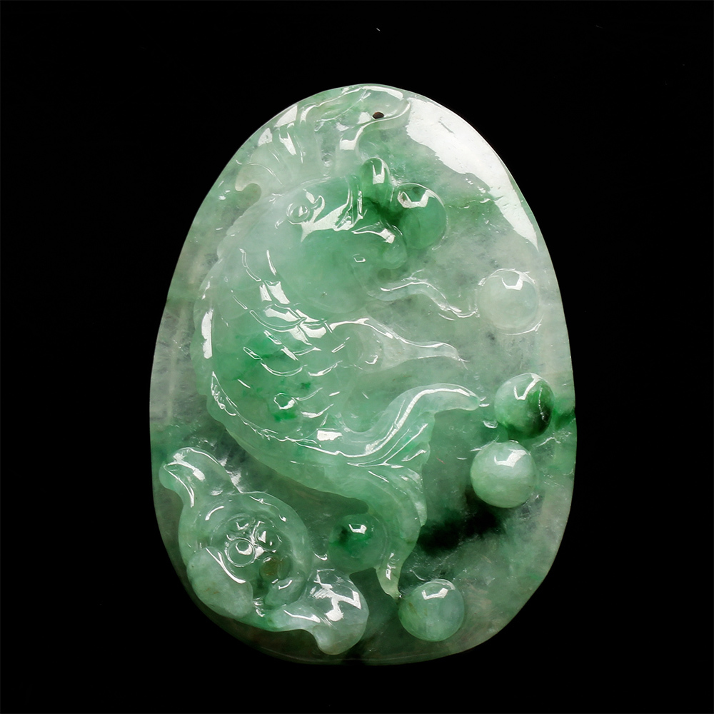 【雅紅珠寶】天然老坑冰種翡翠玉項鍊-魚-蓮花-魚水相投-N0110