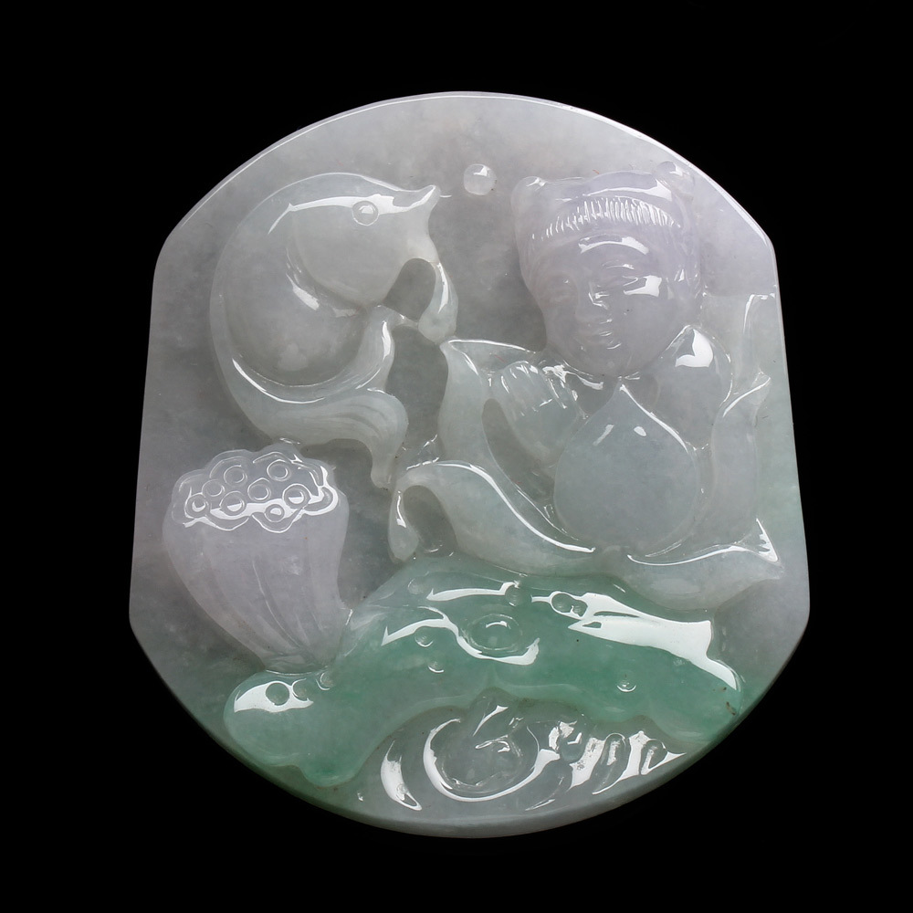 【雅紅珠寶】天然春帶彩翡翠項鍊-玉女-魚-蓮藕-和氣生財-N0106