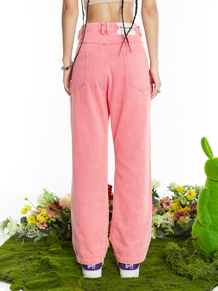 I DON’T SMOKE 粉色 愛心 毛邊 拼接 直筒 牛仔褲 DONSMOKE Don’t Smoke