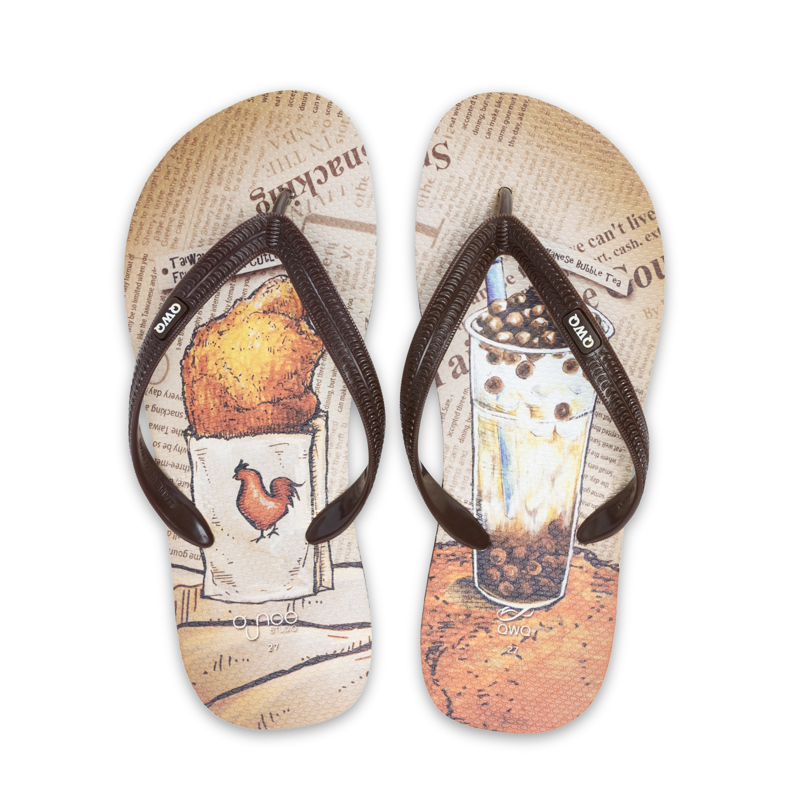 玩食誌 雞排珍奶 男款粗帶人字夾腳拖鞋 咖啡棕