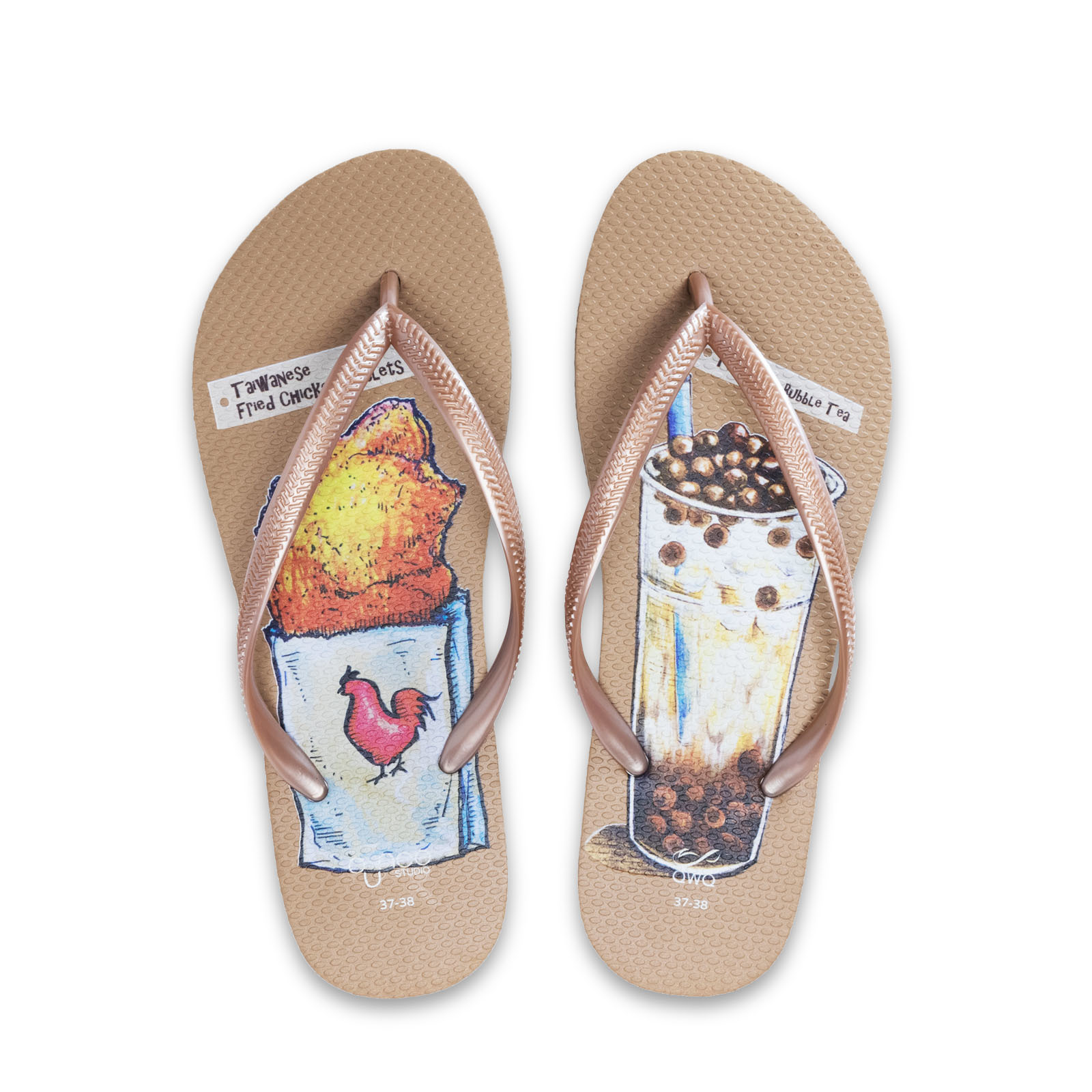 玩食誌 雞排珍奶 簡約版 女款細帶人字夾腳拖鞋 薔薇金