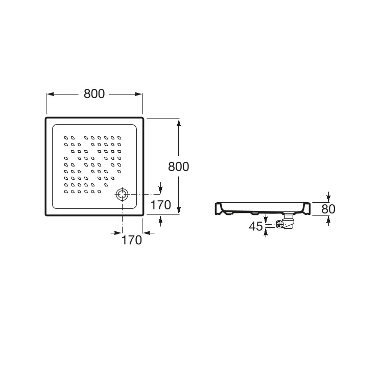 Roca Italia Square 3740HJ000 + 914120 Vitreous china shower tray with waste