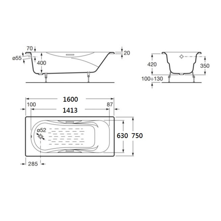 Roca Malibu 231070001 Cast Iron Bathtub with anti-slip & grips