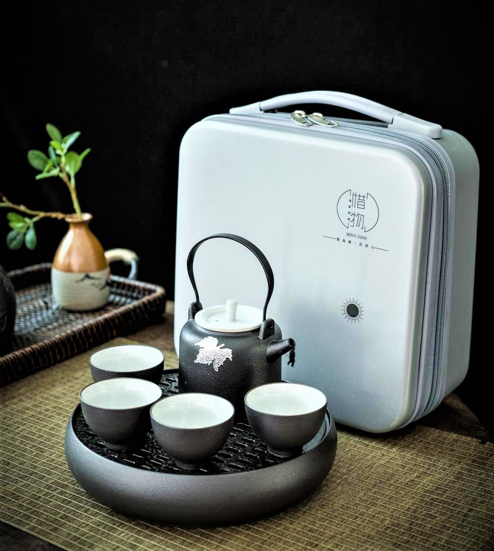 11 pieces of silver inlaid elegant pottery travel tea set