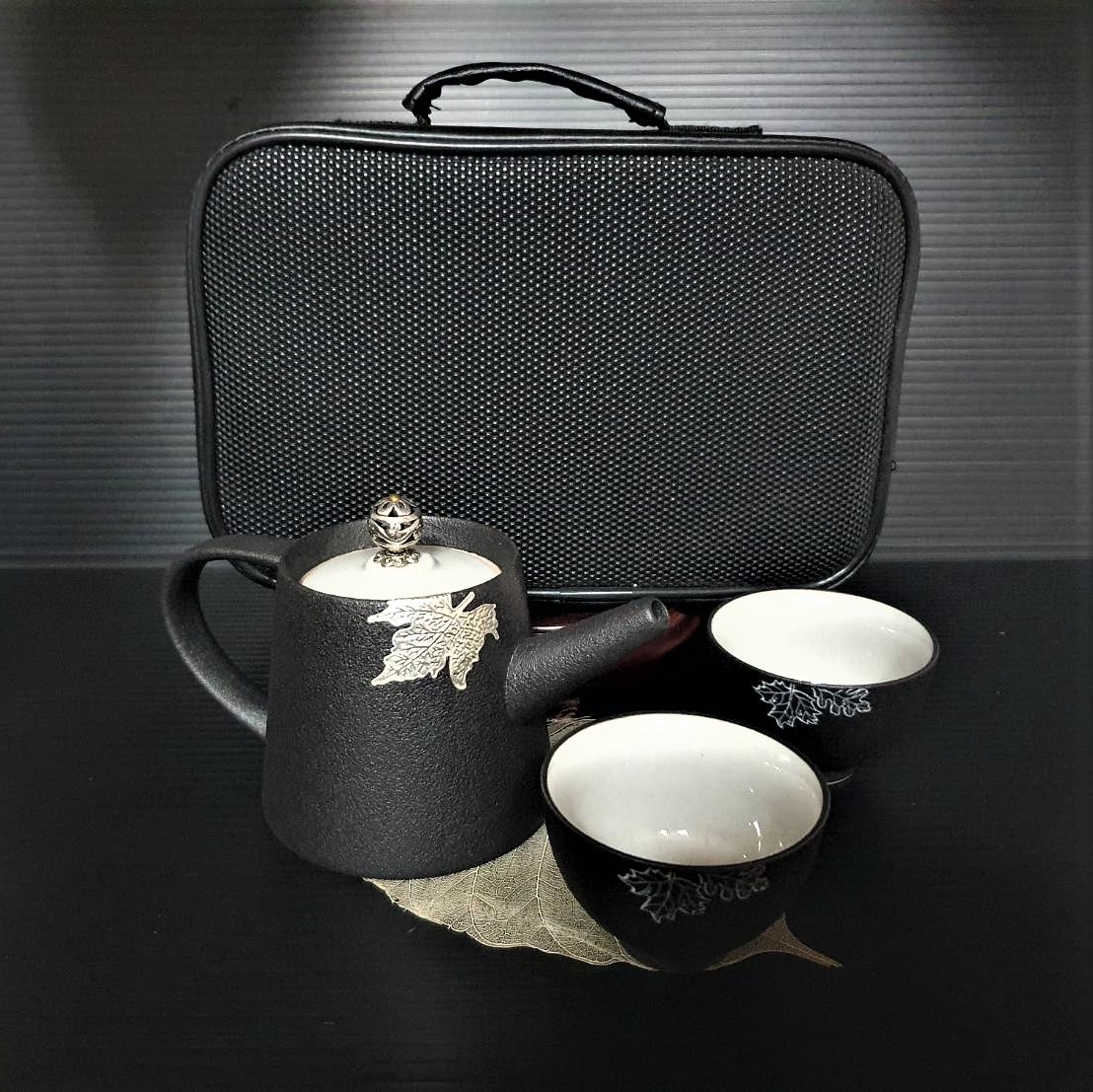 Silver inlaid elegant pottery travel tea set (6-piece classic stoneware tea set)