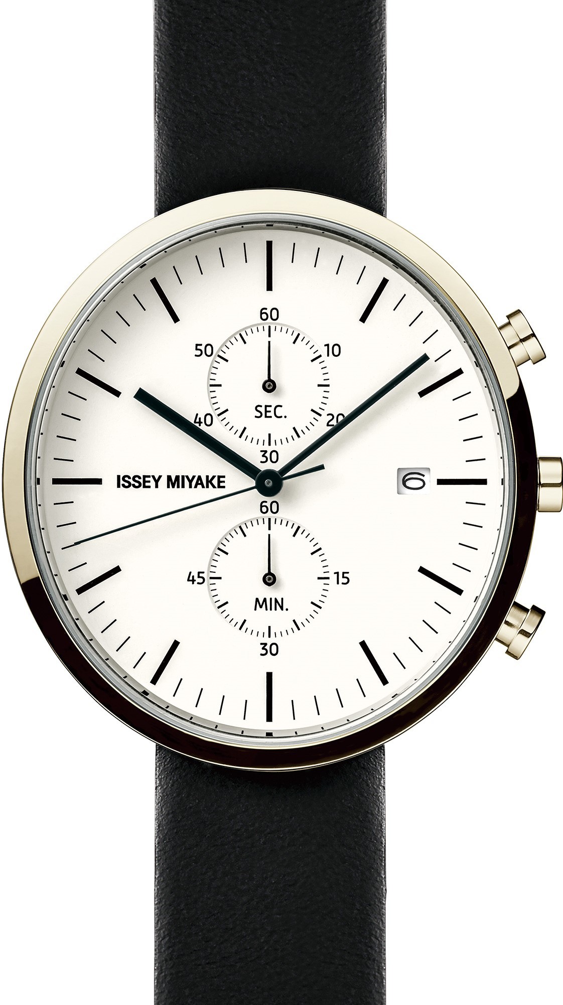 萬年鐘錶 - 三宅一生 ISSEY MIYAKE  深澤直人  Naoto Fukasawa   ELLIPSE系列  簡約三眼白面淡金色外圈皮革男錶   NYAN703Y  / VD51-5010K 錶徑45MM