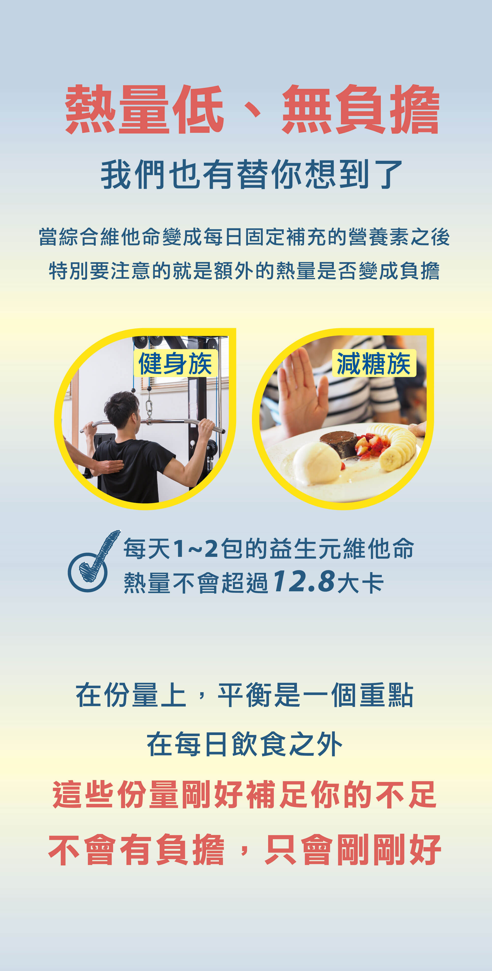 熱量低、無負擔 健身族、減糖族 我們也替你想到了,每天1~2包益生元維他命,熱量不會超過12.8大卡