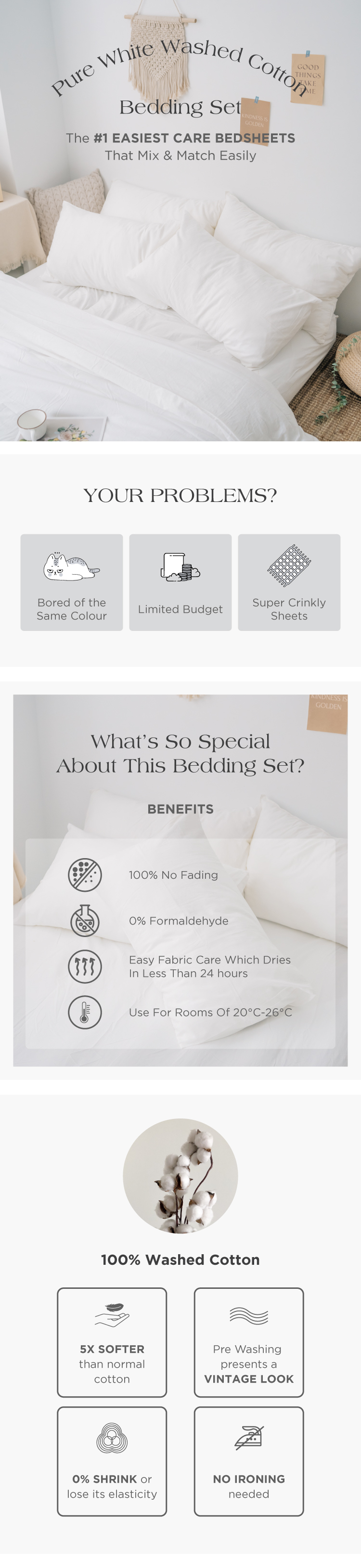 Pure White Washed Cotton Bedding Set Life WareHouse