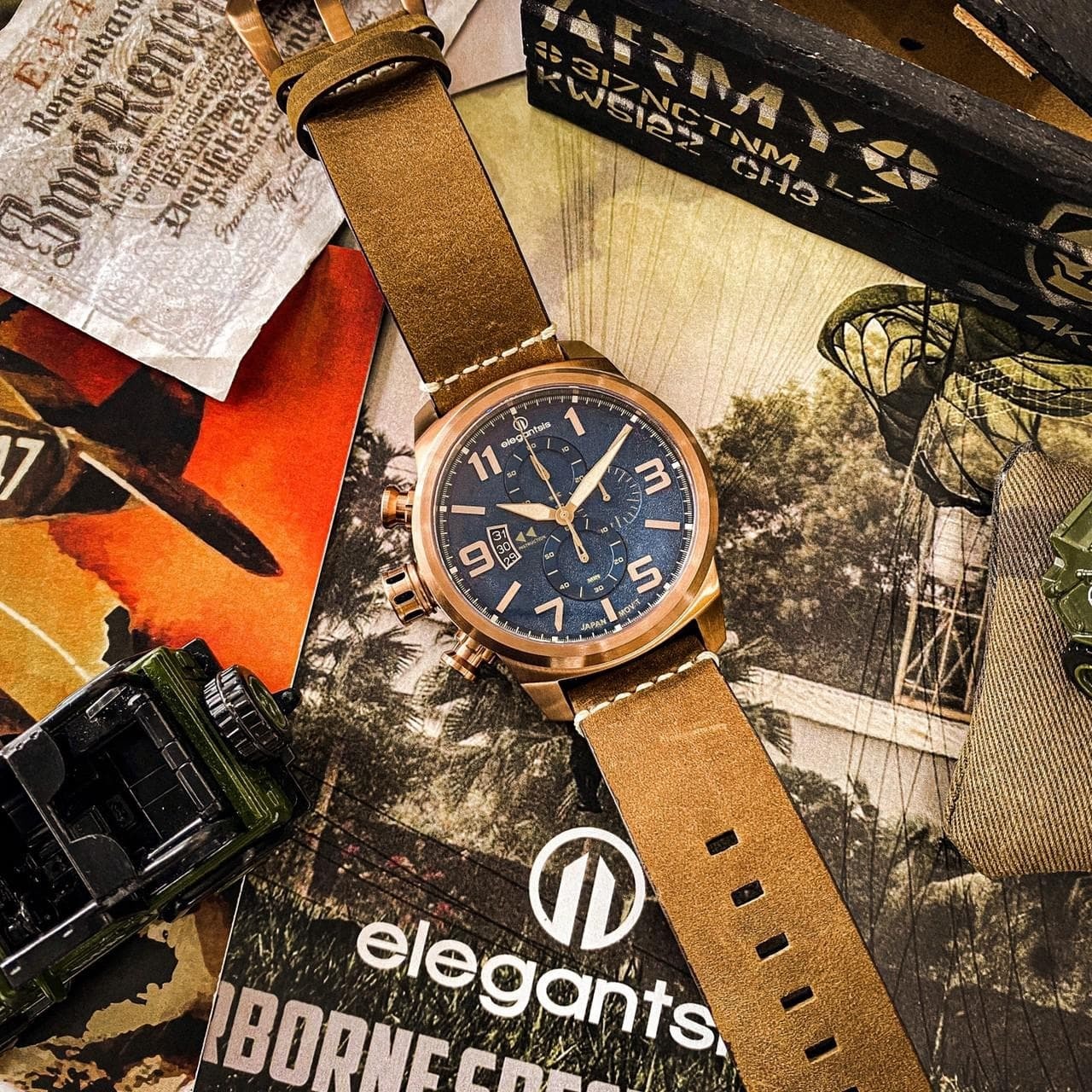 【elegantsis】復古軍事風復刻藍腕錶 淺咖  JT48MQS-OB01LC  45.5mm 現代鐘錶