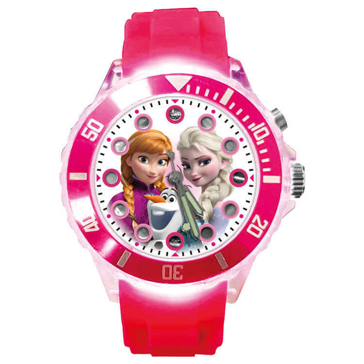 【迪士尼】冰雪奇緣七彩閃燈兒童錶 桃紅色