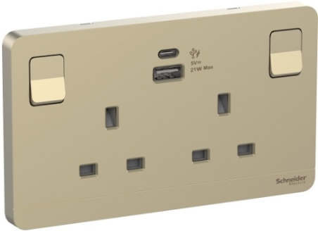 Schneider 施耐德 奐尚– 13A兩位 插座 連USB 充電插座 E83T25ACUSB_WG_C5 (沉醉金/石墨灰/白色)