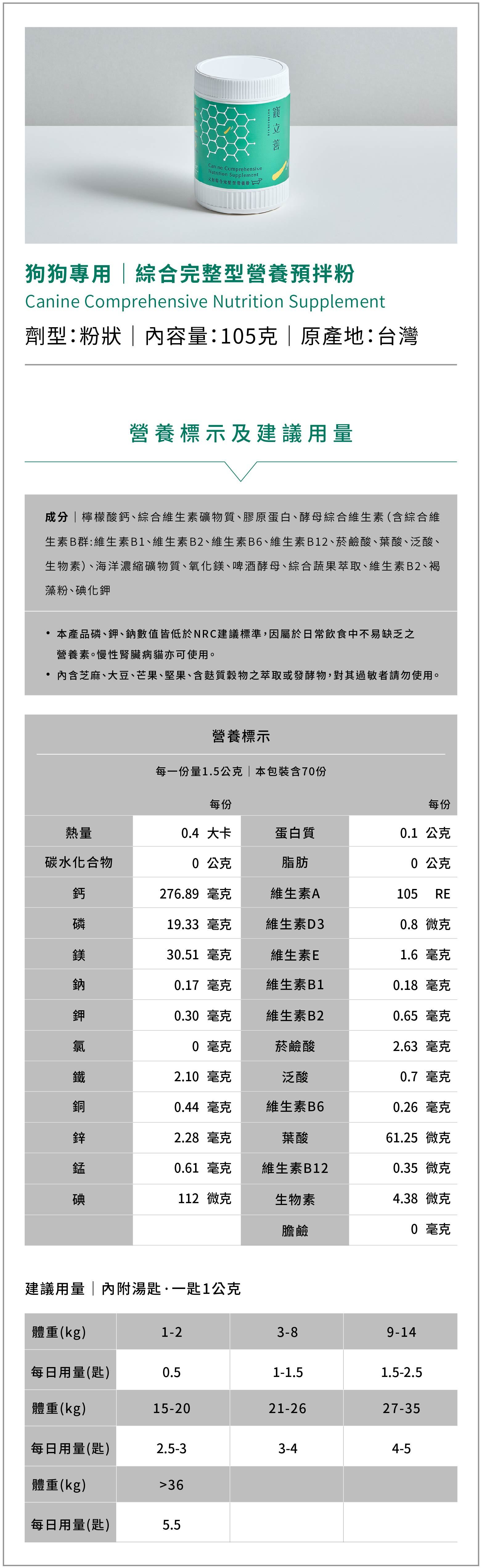 【寵立善】犬用綜合營養預拌粉105G，包含多種營養素，有鈣、維生素、礦物質、褐藻等等。