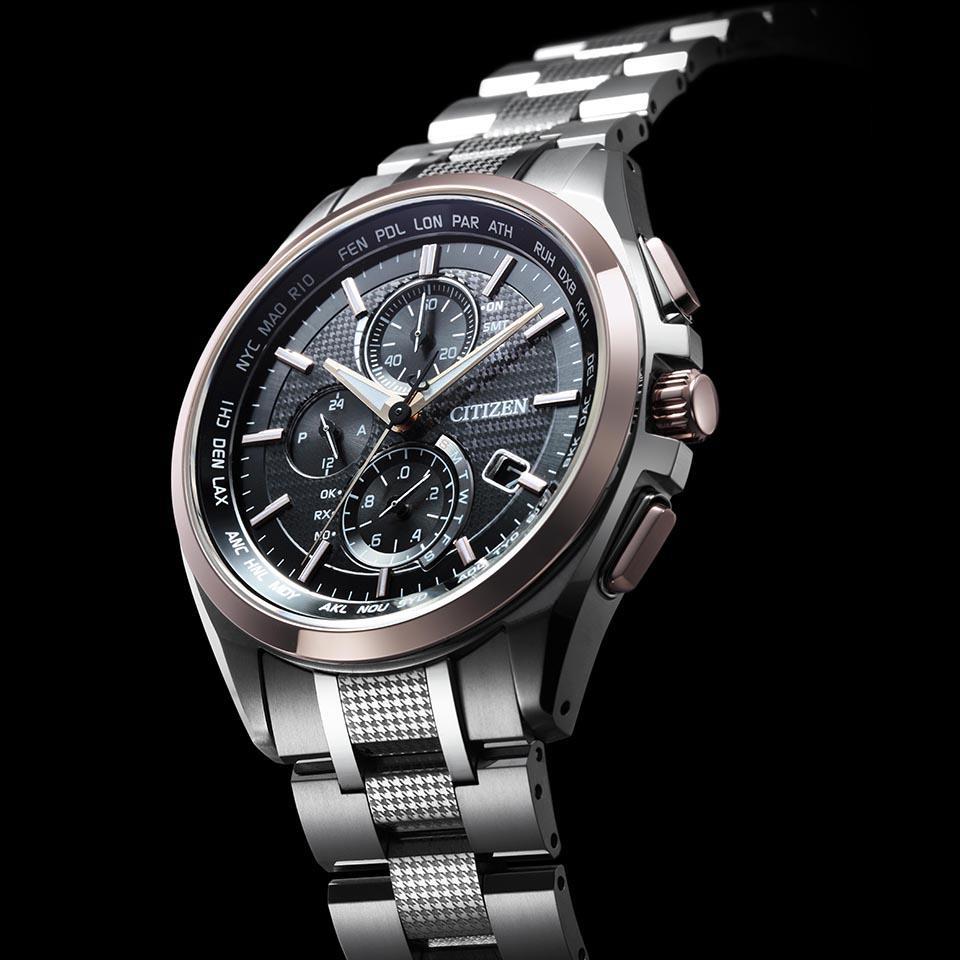 萬年鐘錶 - Citizen 星辰錶 GENT'S 時尚男錶  世界時間 電波對時 黑面玫瑰金框全黑鈦金屬系列腕錶   AT8047-58E  錶徑42.5MM