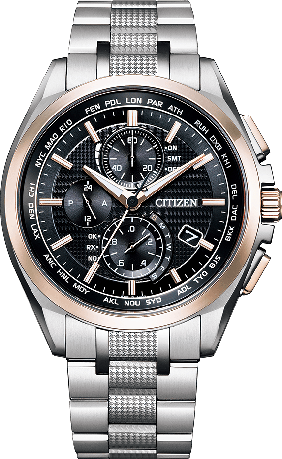 萬年鐘錶 - Citizen 星辰錶 GENT'S 時尚男錶  世界時間 電波對時 黑面玫瑰金框全黑鈦金屬系列腕錶   AT8047-58E  錶徑42.5MM