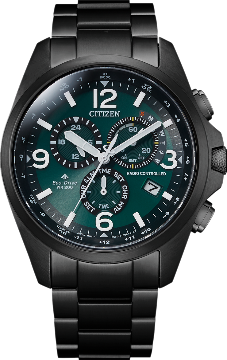 萬年鐘錶 - Citizen 星辰錶  世界時間 全黑綠面電波對時男錶  CB5925-82X  錶徑45.4MM