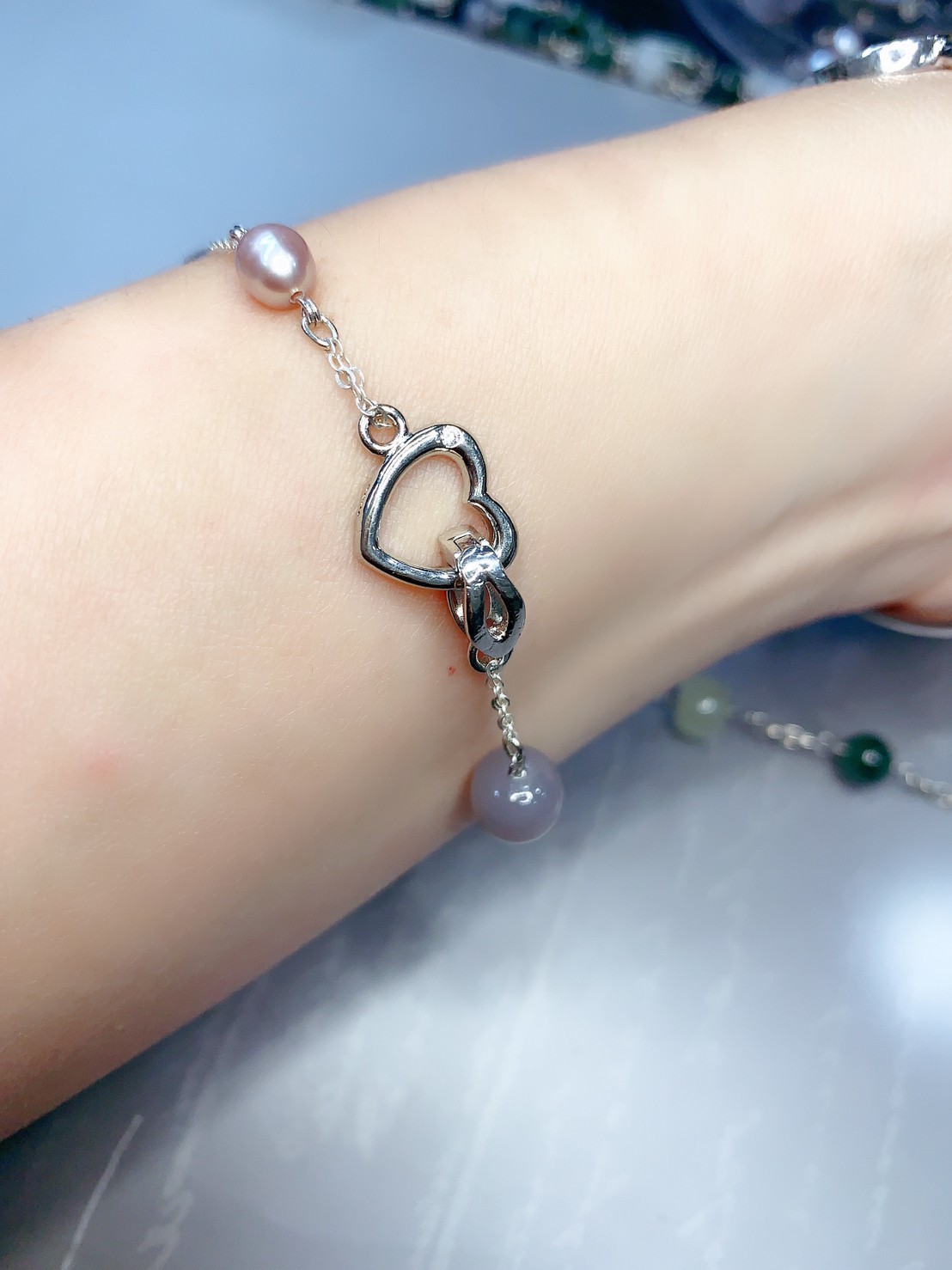 紫芝眉宇丨紫翡翠藕紫和田玉紫珍珠手作銀手鍊